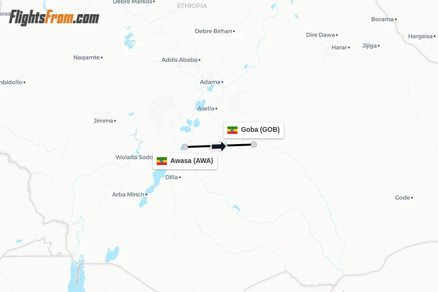 Flights from Awasa to Goba route map
