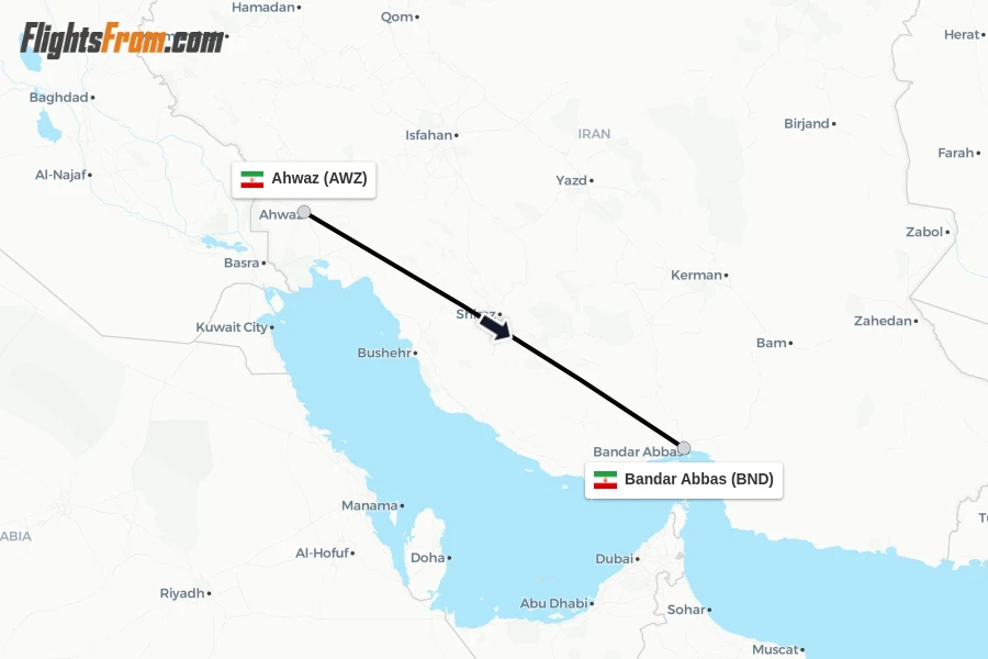 Flights from Ahwaz to Bandar Abbas route map