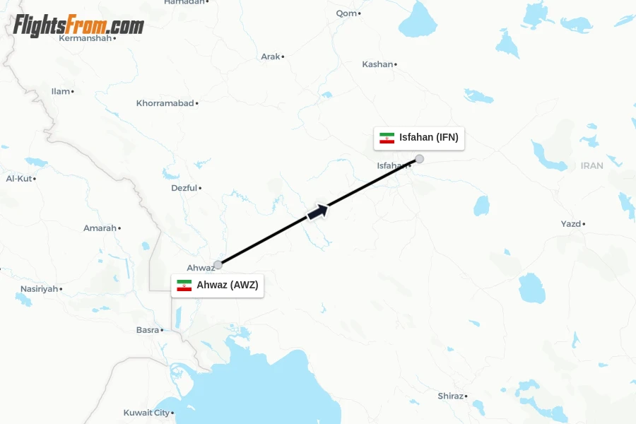 Flights from Ahwaz to Isfahan route map