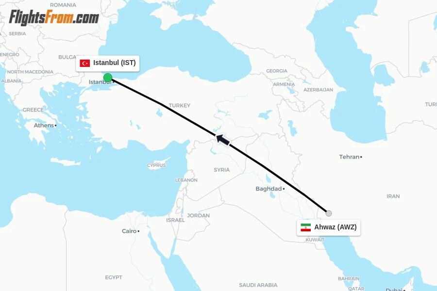 Flights from Ahwaz to Istanbul route map