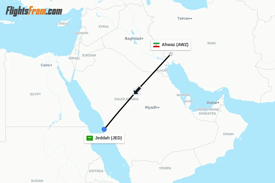 Flights from Ahwaz to Jeddah route map