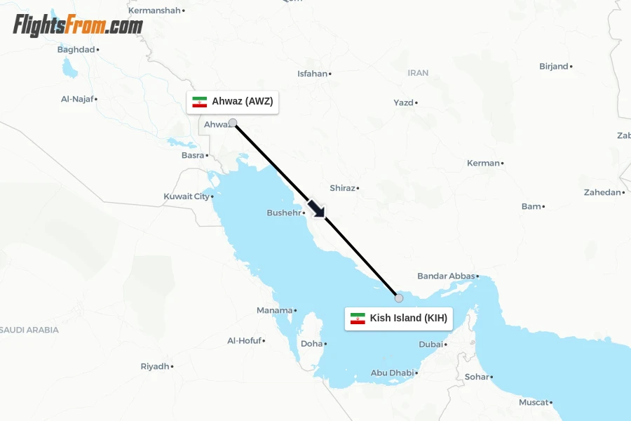 Flights from Ahwaz to Kish Island route map