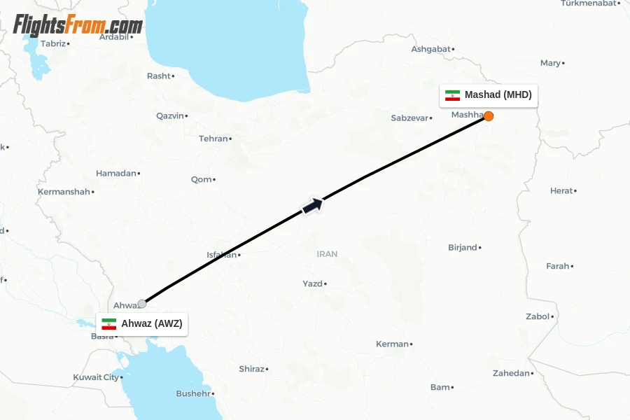Flights from Ahwaz to Mashad route map