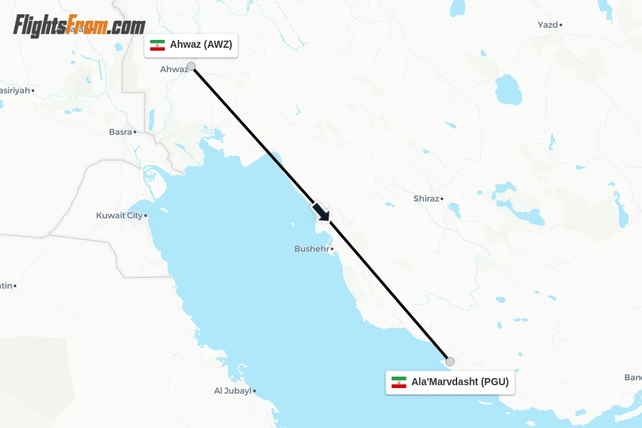Flights from Ahwaz to Ala'Marvdasht route map