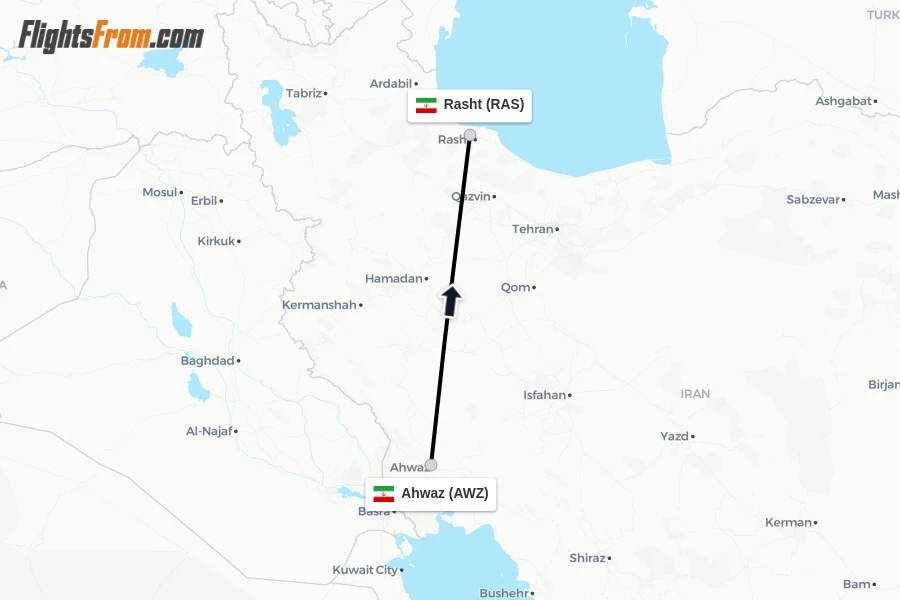 Flights from Ahwaz to Rasht route map