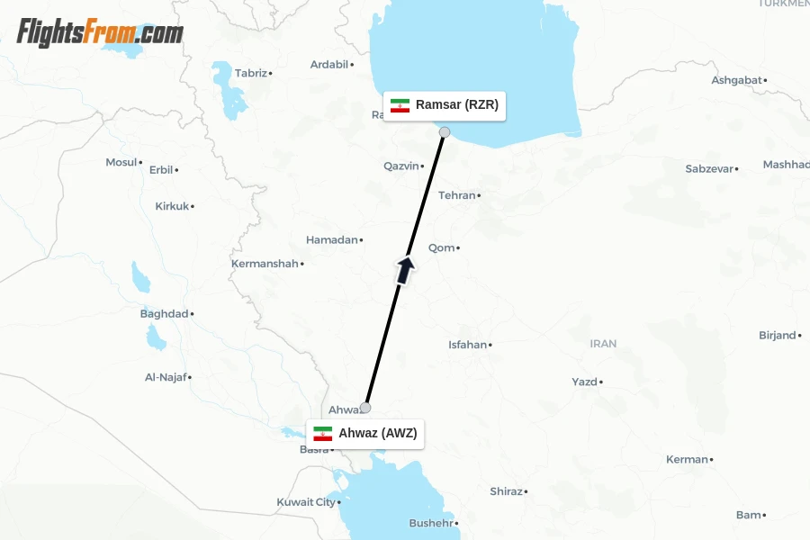 Flights from Ahwaz to Ramsar route map