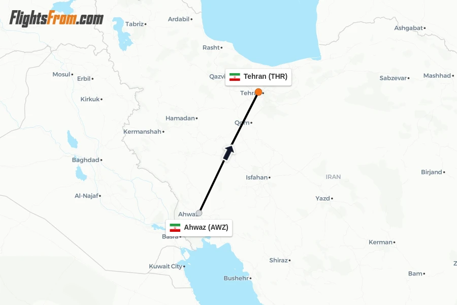 Flights from Ahwaz to Tehran route map