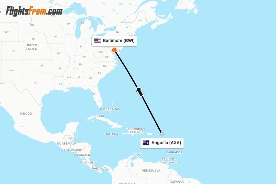 Flights from Anguilla to Baltimore route map