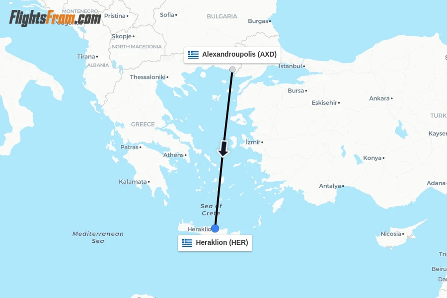 Flights from Alexandroupolis to Heraklion route map