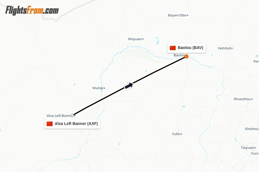 Flights from Alxa Left Banner to Baotou route map