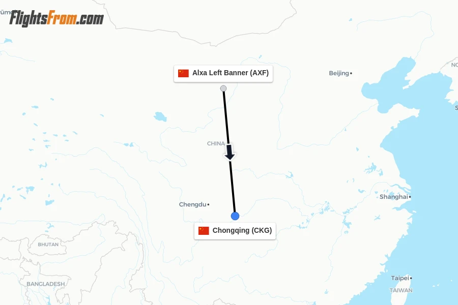 Flights from Alxa Left Banner to Chongqing route map
