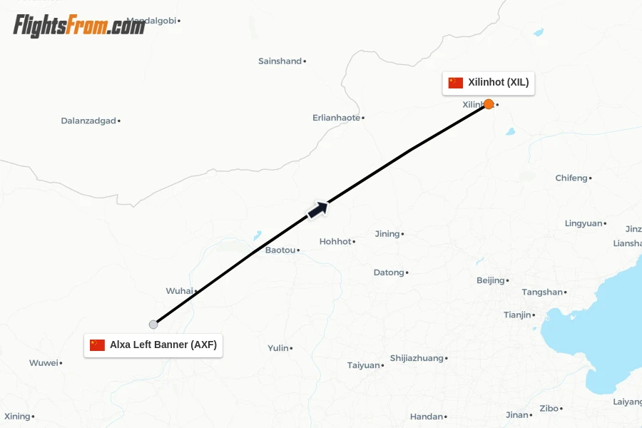 Flights from Alxa Left Banner to Xilinhot route map