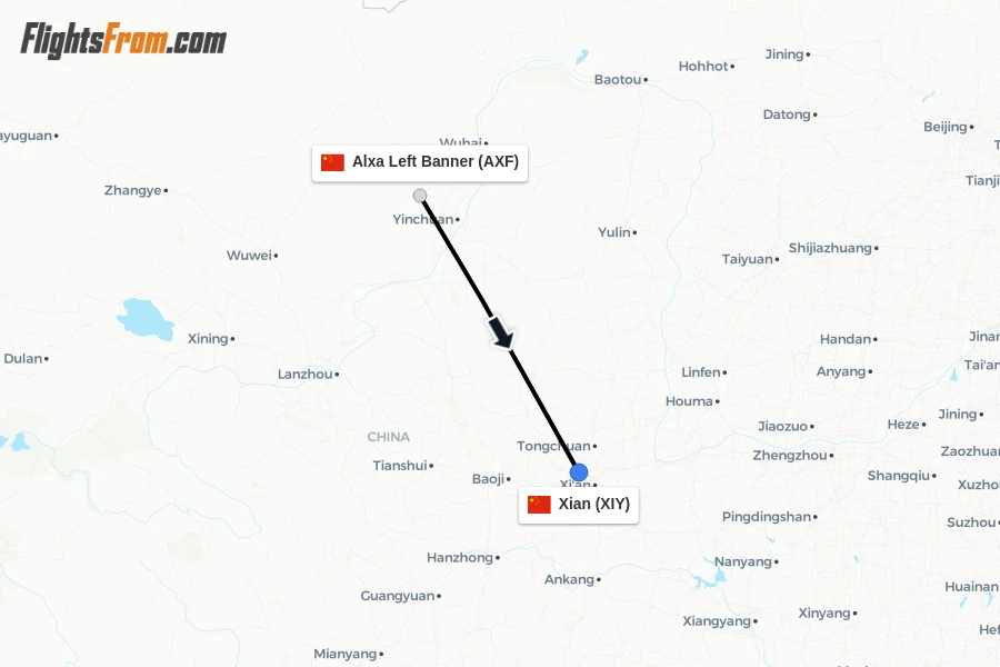 Flights from Alxa Left Banner to Xian route map