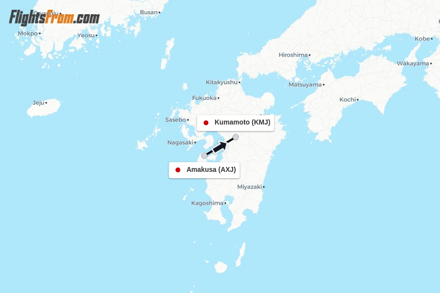 Flights from Amakusa to Kumamoto route map