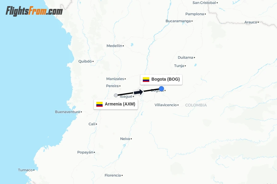 Flights from Armenia to Bogota route map