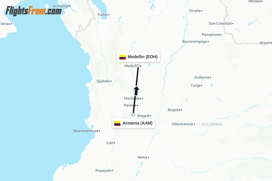 Flights from Armenia to Medellin route map