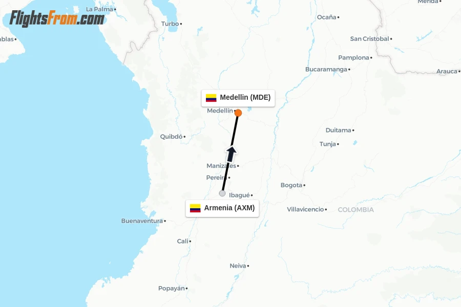 Flights from Armenia to Medellin route map