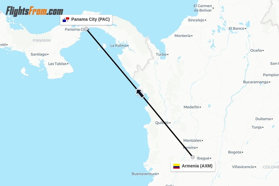 Flights from Armenia to Panama City route map