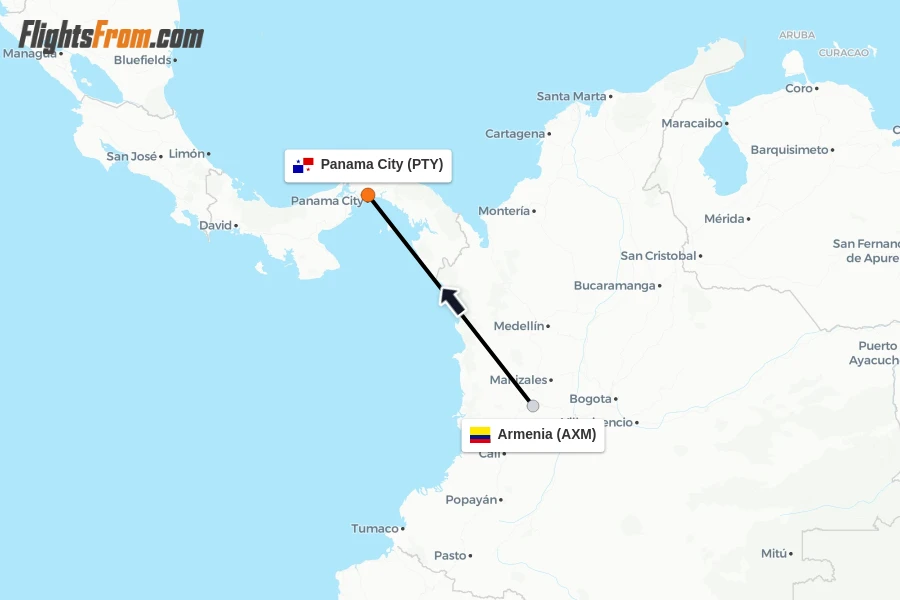 Flights from Armenia to Panama City route map