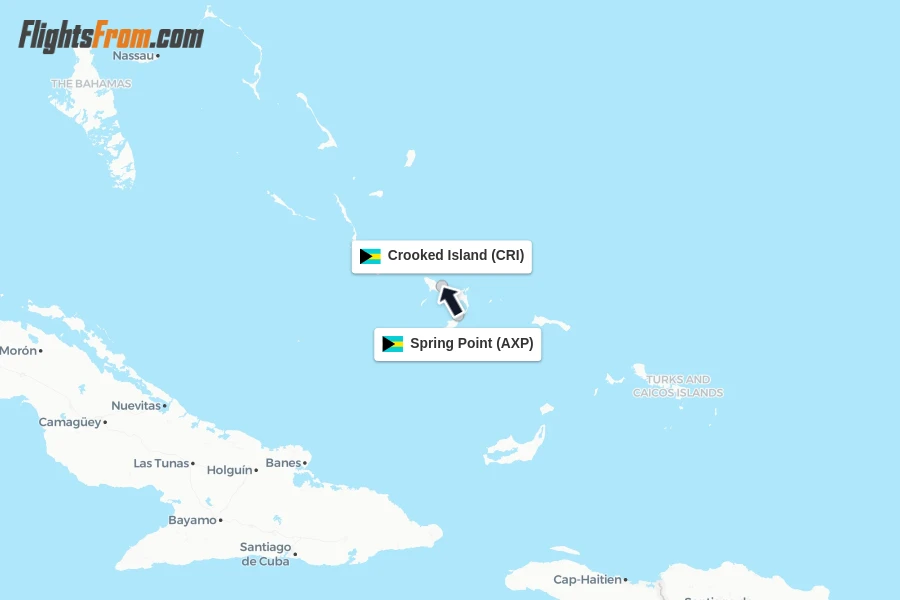 Flights from Spring Point to Crooked Island route map