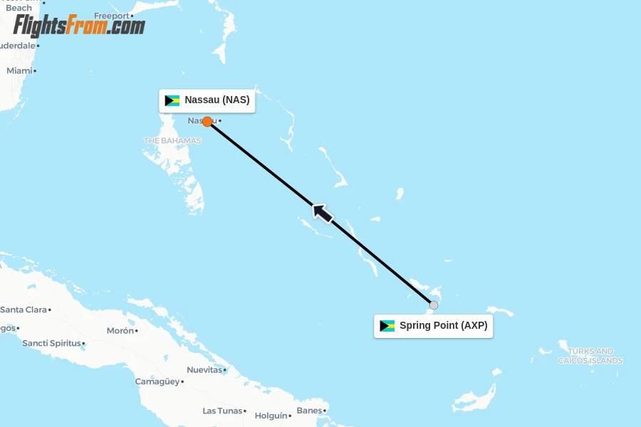 Flights from Spring Point to Nassau route map