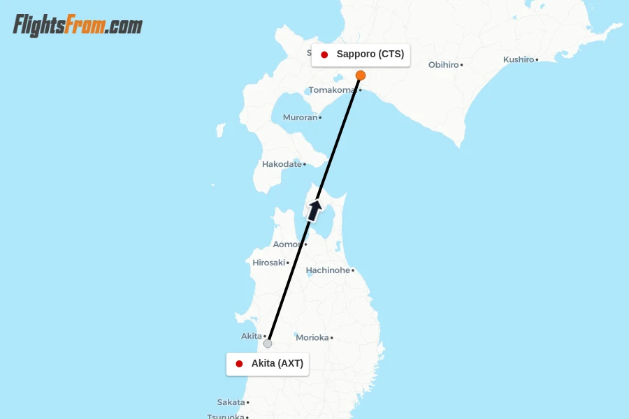 Flights from Akita to Sapporo route map