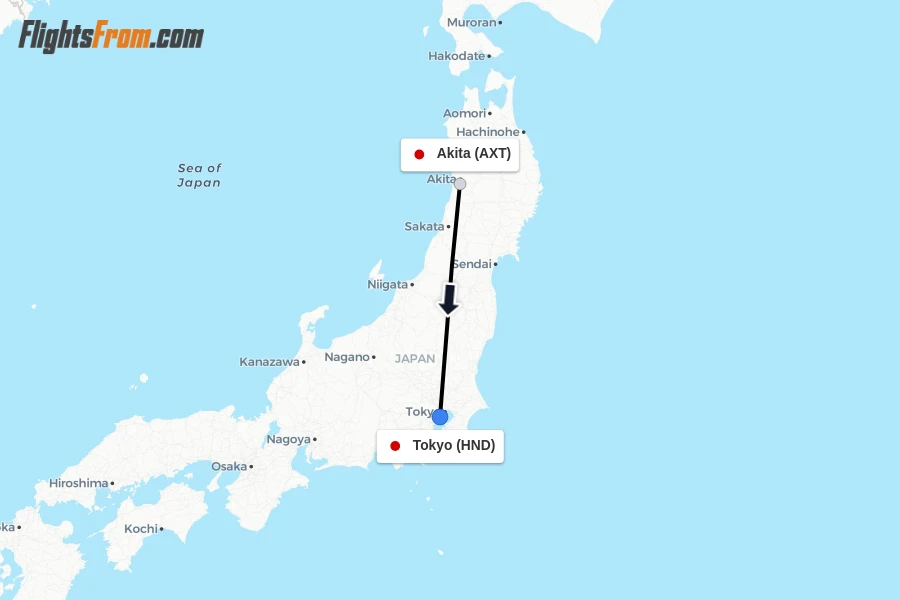 Flights from Akita to Tokyo route map