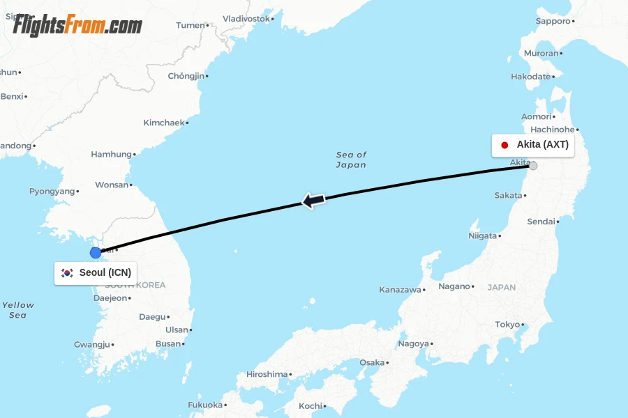 Flights from Akita to Seoul route map