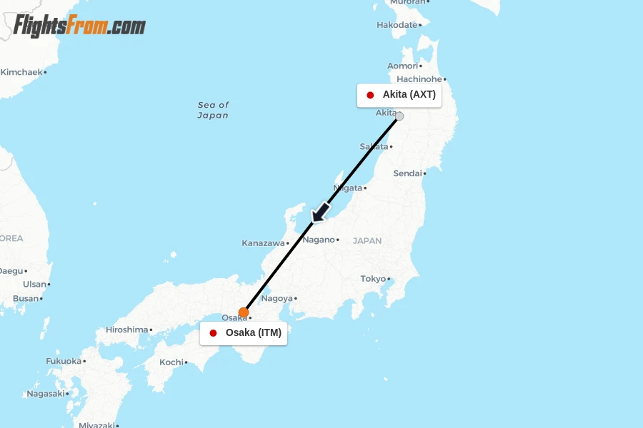 Flights from Akita to Osaka route map