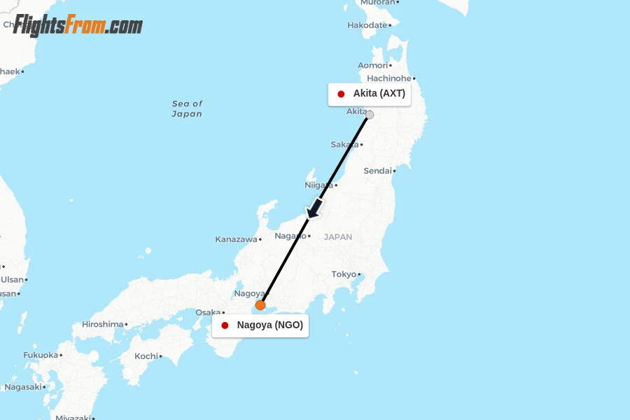 Flights from Akita to Nagoya route map