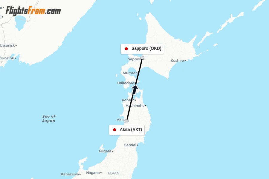 Flights from Akita to Sapporo route map