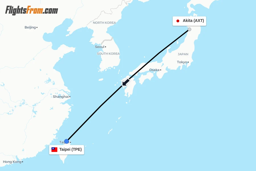 Flights from Akita to Taipei route map
