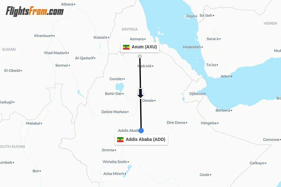 Flights from Axum to Addis Ababa route map