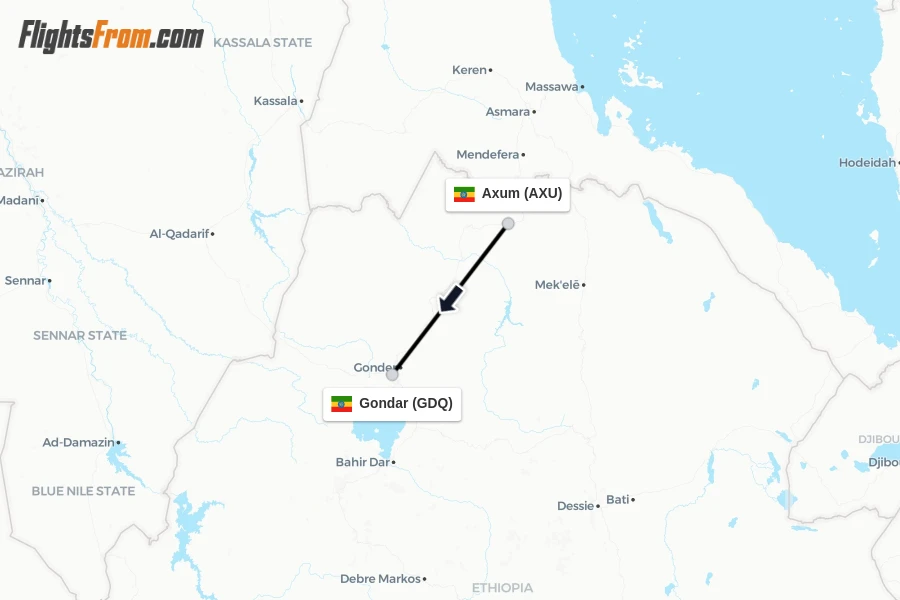 Flights from Axum to Gondar route map