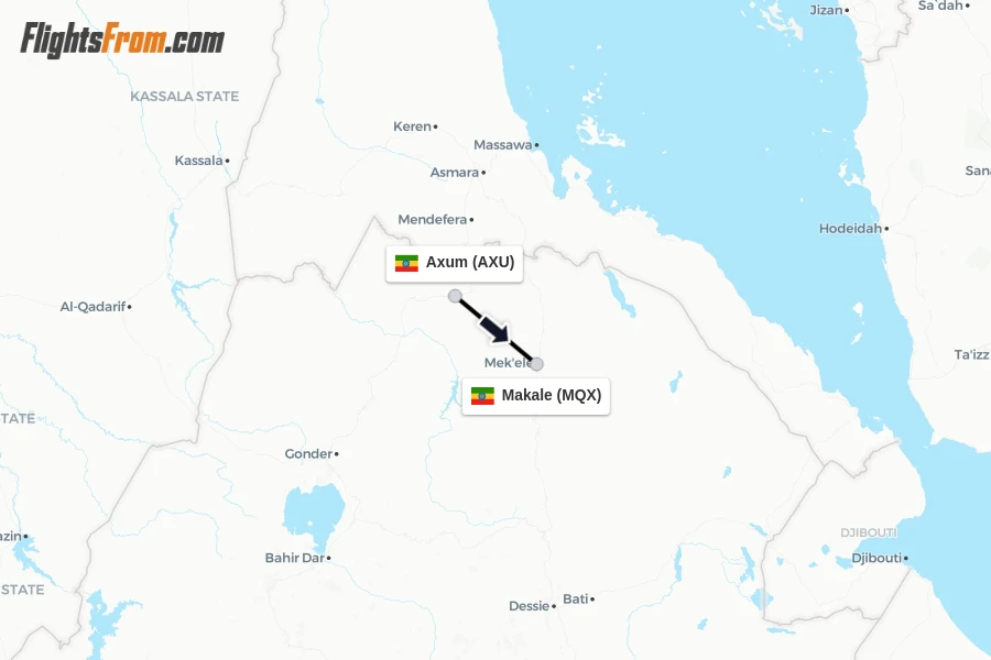 Flights from Axum to Makale route map
