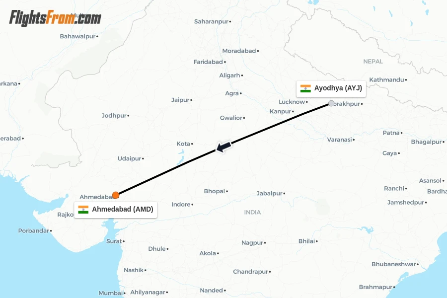 Flights from Ayodhya to Ahmedabad route map