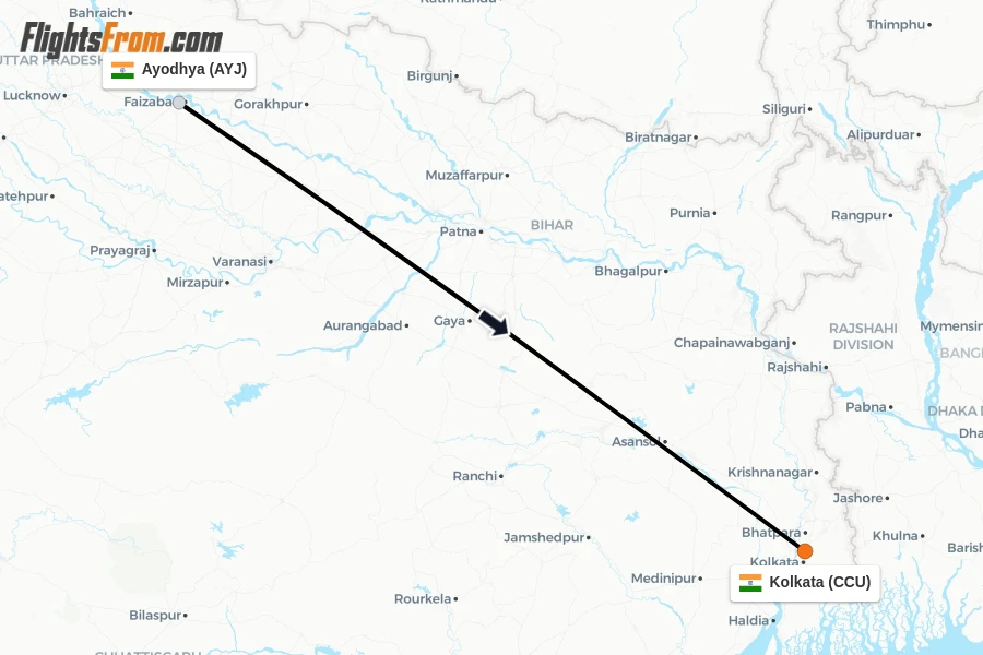 Flights from Ayodhya to Kolkata route map