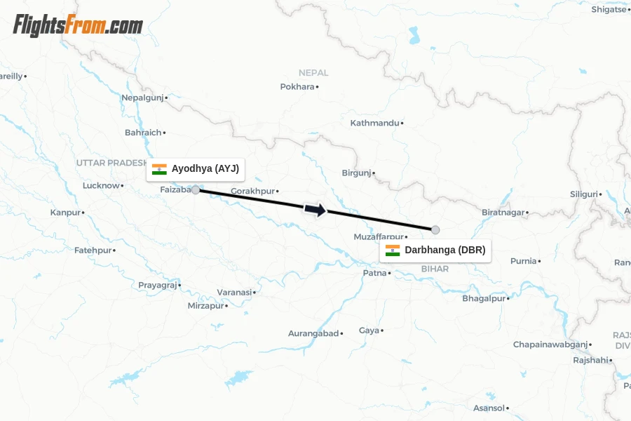 Flights from Ayodhya to Darbhanga route map