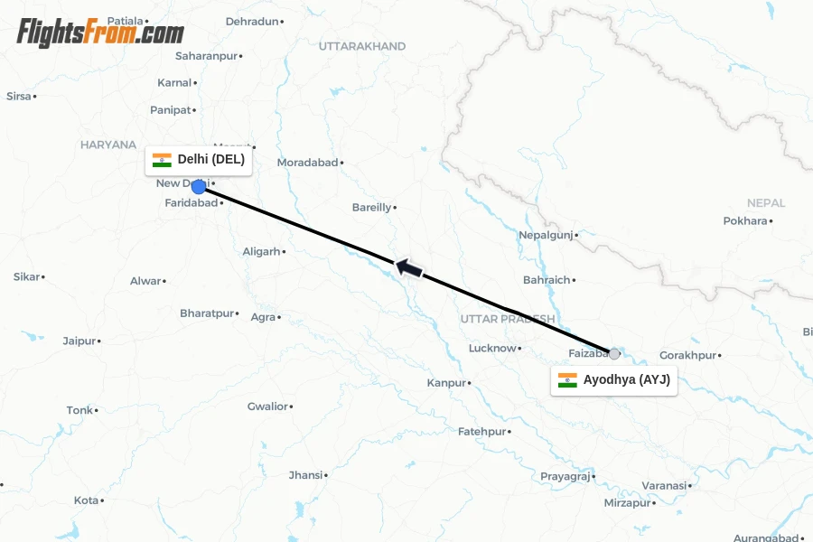 Flights from Ayodhya to Delhi route map