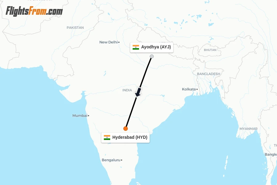 Flights from Ayodhya to Hyderabad route map