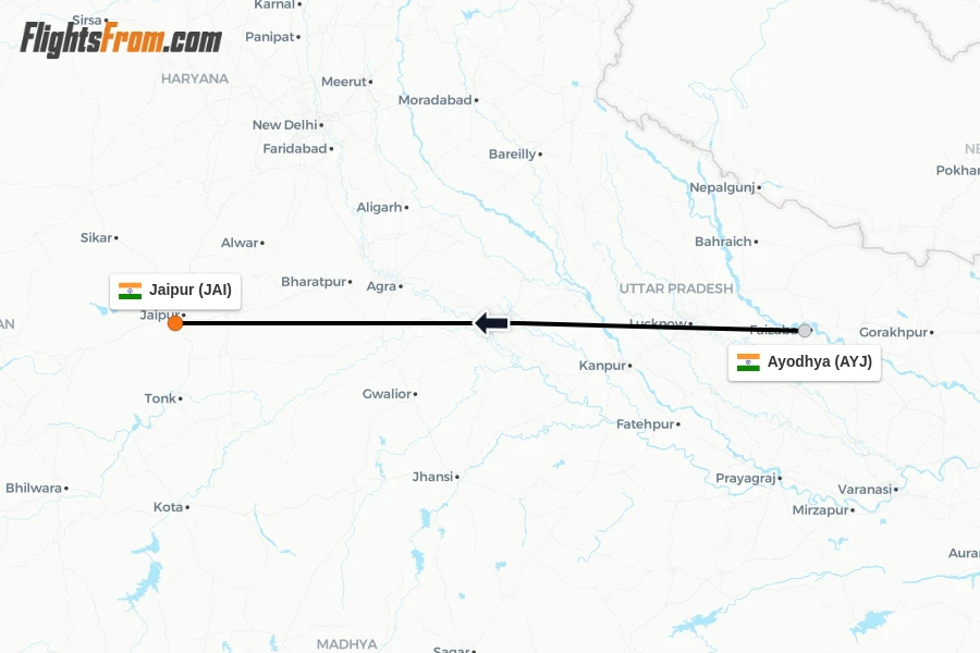 Flights from Ayodhya to Jaipur route map