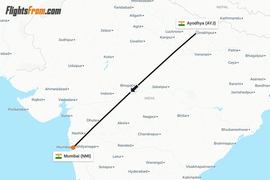 Flights from Ayodhya to Mumbai route map