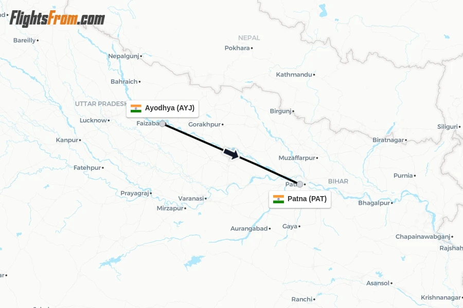 Flights from Ayodhya to Patna route map