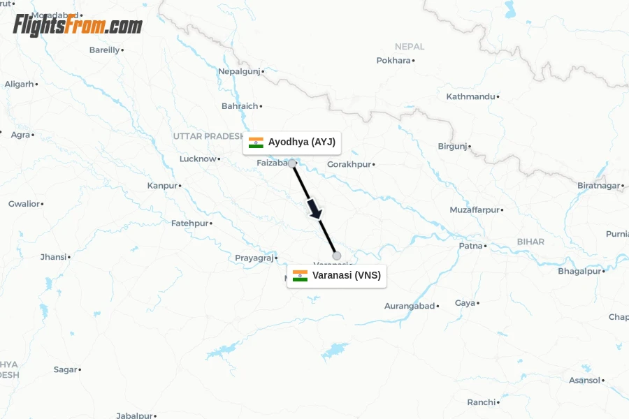 Flights from Ayodhya to Varanasi route map