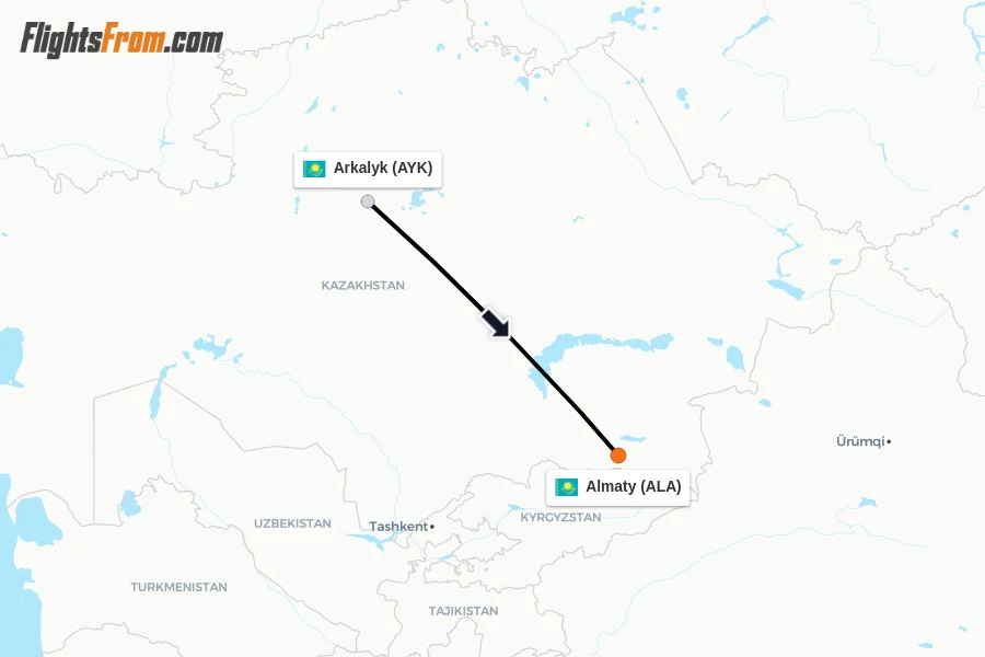Flights from Arkalyk to Almaty route map