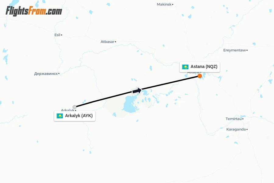 Flights from Arkalyk to Astana route map