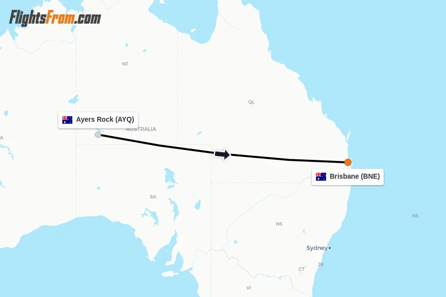 Flights from Ayers Rock to Brisbane route map