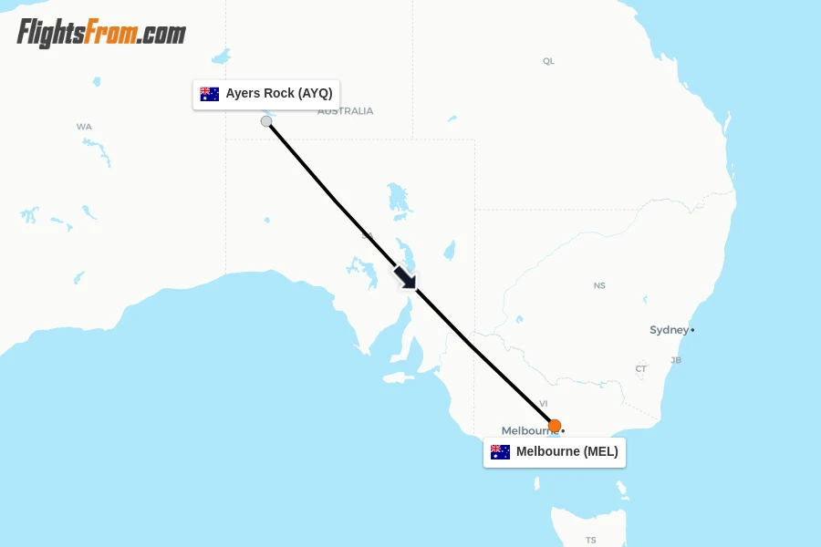 Flights from Ayers Rock to Melbourne route map