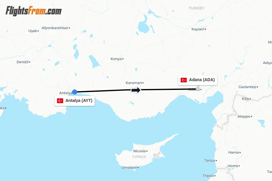 Flights from Antalya to Adana route map