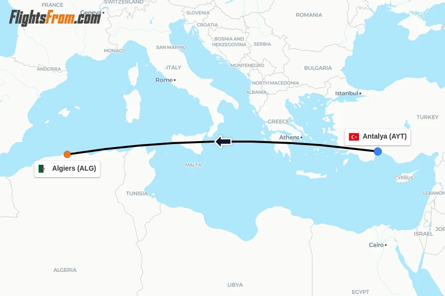 Flights from Antalya to Algiers route map